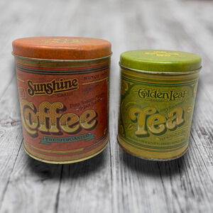 Lot 2 x Vintage 1977 Ballonoff Coffee & Tea Tins Canisters Farmhouse Rustic